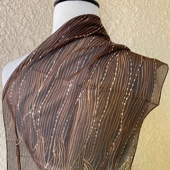 Made in Italy Brown with Silver Dots Scarf/Bandana L 61” x W 13” - Picture 4 of 7